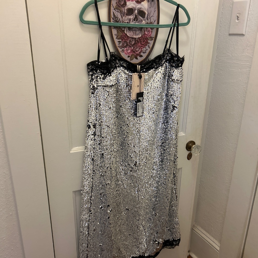 Gianni Bini Silver Sequin Midi Slip Dress with Black Lace